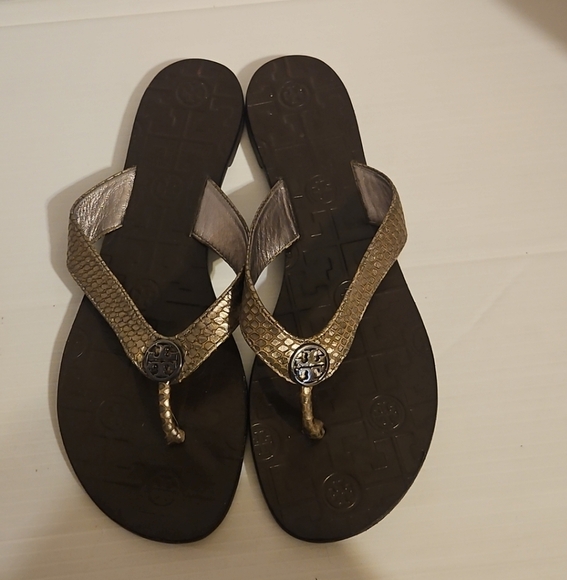 Tory Burch Thora Sandals Snakeskin Embossed Leather Flip Flops Brown Size 9 - Picture 1 of 13